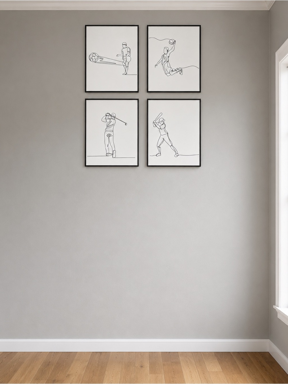 Minimalist Line Art Sports Wall Prints - Set of 4, Black & White